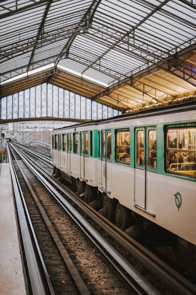 Passengers travelling inside a modern metro train carriage